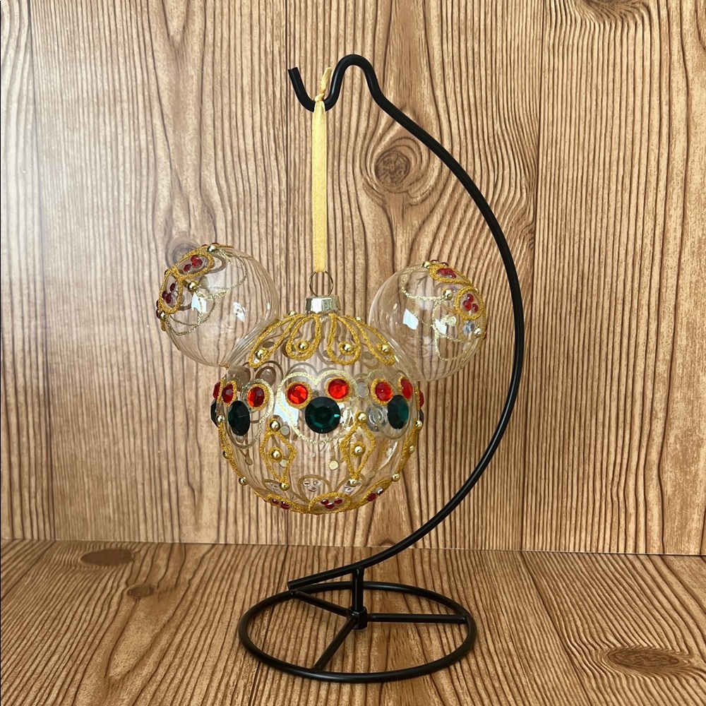 NWOT Disney Parks Clear Glass Bejeweled Gold Icon Ears Christmas Ornament